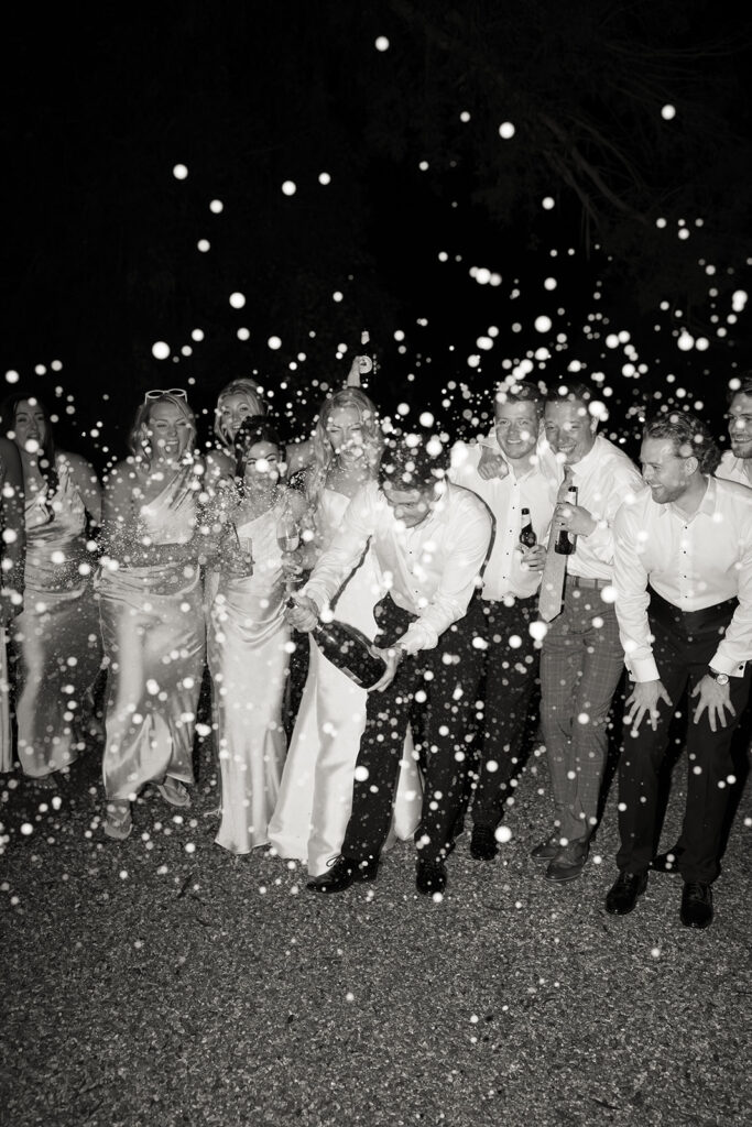 Wedding party of people spraying champagne